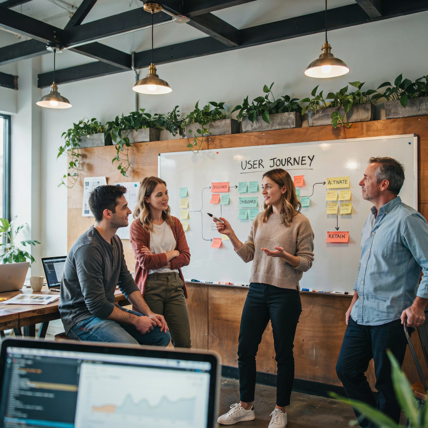 Diverse team collaborating on product journey mapping
